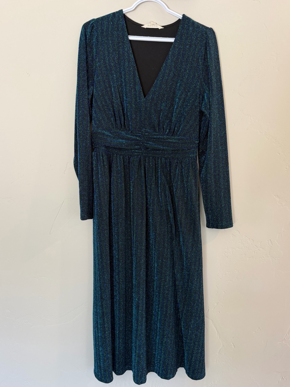Boden blue and green sparkle long sleeve midi dress